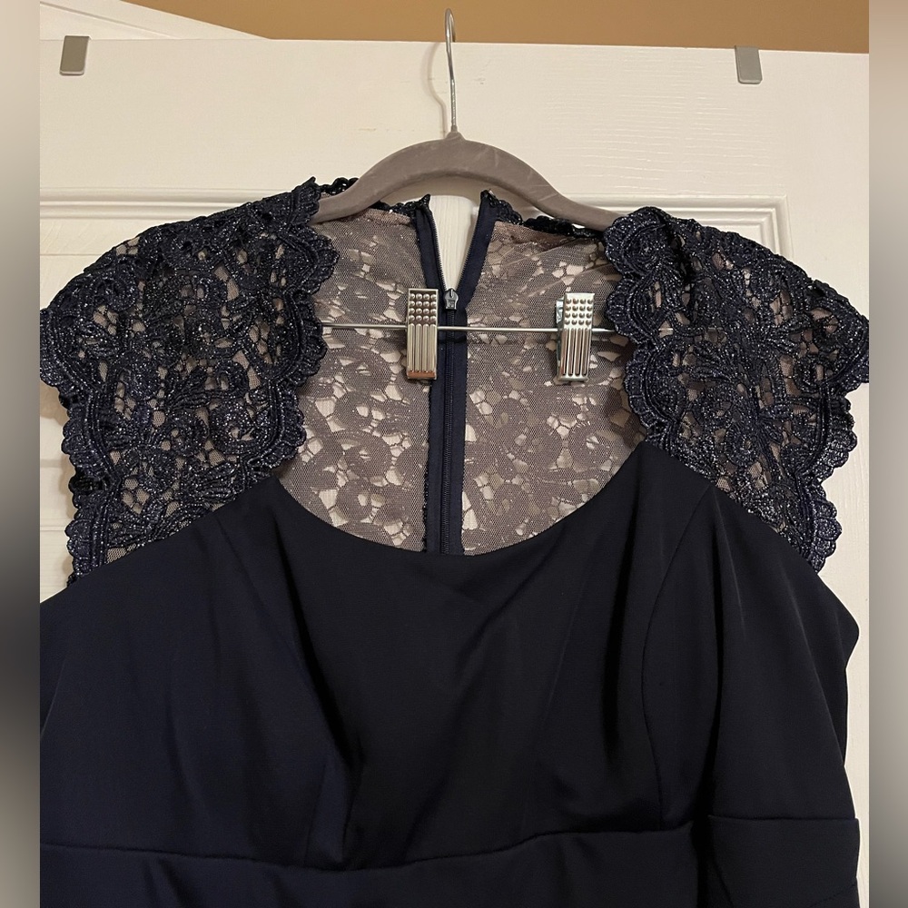 Xscape Navy Asymmetrical Dress with Lace - Picture 2 of 7